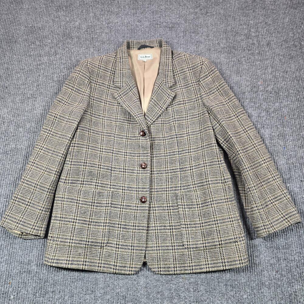 VTG L.L.Bean Blazer Womens 18 Beige Tweed Plaid Collared Lined Single-Breasted